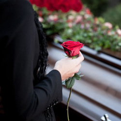 personne se recueillant devant cerceuil une rose à la main